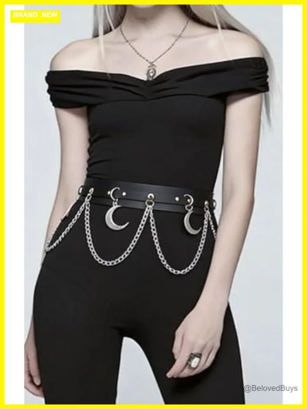 Women's Faux Leather Chain Waist Belt with Moon Charms, Adjustable Gothic Punk